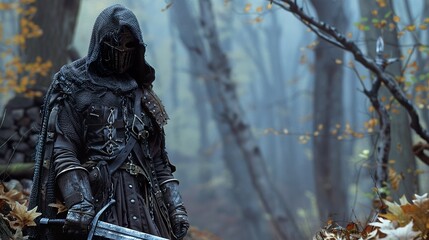 Mysterious Hooded Warrior in a Misty Forest