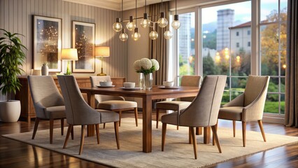 Obraz premium Affordable elegance in dining room furniture, featuring a stylish table and comfy chairs designed to elevate your space