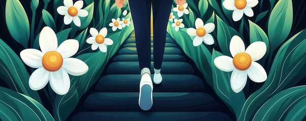 Illustration of a person walking a path lined with blooming flowers, each representing a mindful step towards growth and a positive mindset, path to growth, mindful journey