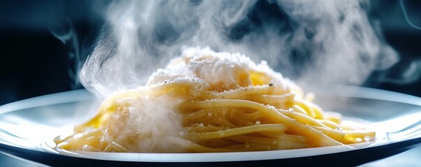 Steaming spaghetti with grated cheese on a plate, culinary delight concept