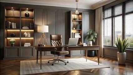 A luxurious home office design with a stylish desk, comfortable chair, and modern decorative elements, ensuring an