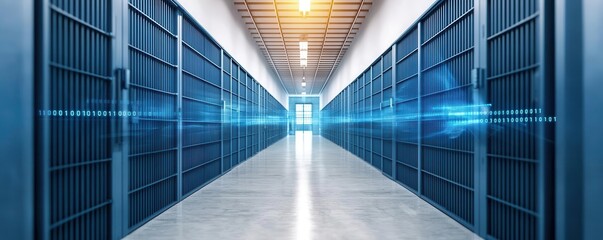 Automated prison security system, showing digital control over cell doors, motion detectors, and facial recognition for inmate tracking, 3D illustration