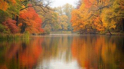 Fototapeta premium Tranquil autumn scene with colorful trees reflected in a still lake.
