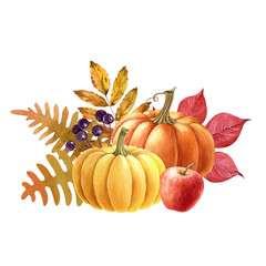 Thanksgiving pumpkin floral decoration. Watercolor vintage style illustration. Painted autumn season festive decor with orange pumpkins, fruit, fallen leaves. Isolated white background