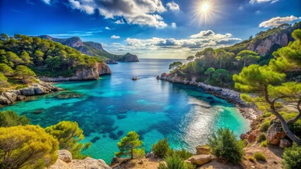 An exquisite visualization of Mallorca Island's natural splendor, highlighting the Mediterranean Sea's turquoise