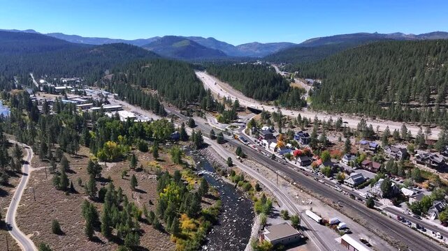 Truckee California - Aerial View of Downtown / Highway 80 in Summer / Fall 