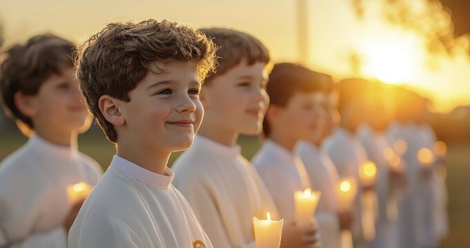 Young Boy Holding a Candle in a Line of Boys During a Religious Ceremony