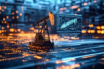 A 3D rendering of an oil rig with a digital display showing a graph of oil prices.