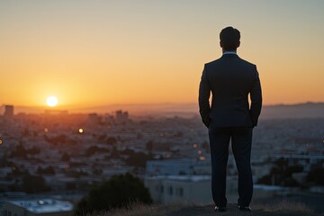Fototapeta premium A businessman in a suit stands on a hilltop overlooking a city skyline at sunrise.