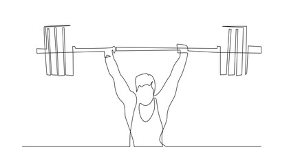 Naklejka premium continuous line drawing of man weightlifting .single line lifting barbell in gym studio.isolated white background
