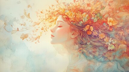 Woman with closed eyes with hair, flowers  fluttering in the wind. beautiful woman with lblossom on her head. fashion beauty portrait, horizontal banner. Light background