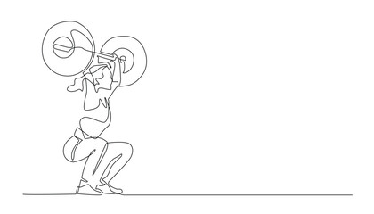 continuous line drawing of woman weightlifting .single line lifting barbell in gym studio.isolated white background