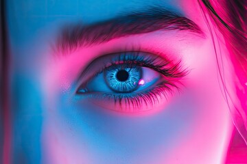 Blue eyes. Closeup eyes of beautiful young girl looking at camera in pink neon light. Concept of cosmetics, makeup, natural and eco treatment, skin care. with generative ai