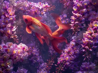 Goldfish in a Sea of Wisteria Flowers - A Surreal Underwater Dream