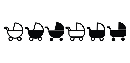 set of baby carriage strollers icon vector design symbol sign black white color simple illustration