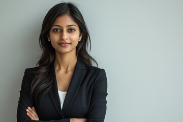 An young Indian businesswoman in business attire with arms crossed