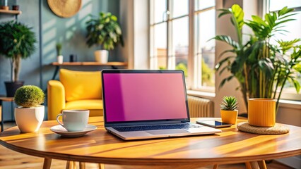 Fototapeta premium A sleek laptop rests on a trendy table amidst a comfortable home, illustrating modern workspace aesthetics with a