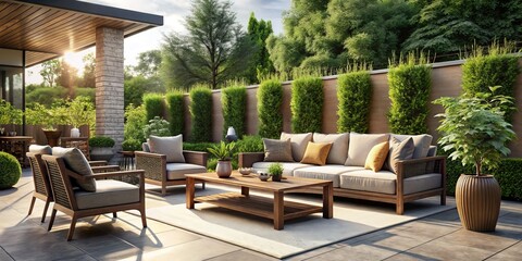 Fototapeta premium A sleek outdoor furniture collection transforms a modern patio into an elegant retreat, beautifully framed by vibrant