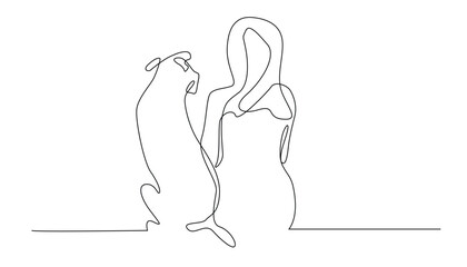 vector continuous line of friendship of woman with dog.single line drawing of woman sitting with dog.isolated white background