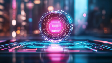 futuristic holographic interface with vibrant pink and blue colors, showcasing advanced technology and digital elements. This captivating design represents essence of artificial intelligence and