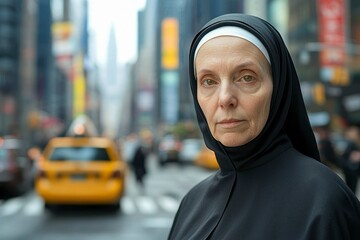 A Nun in Black Habit Standing on a City Street