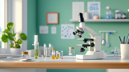 modern laboratory workspace featuring microscope, various glassware, and colorful liquids. bright green walls and organized setup create inviting atmosphere for scientific exploration. 