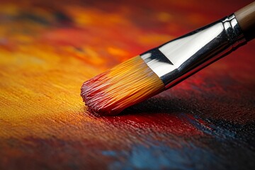Fototapeta premium A paintbrush with red paint on it is resting on a canvas with red, orange, and yellow paint.