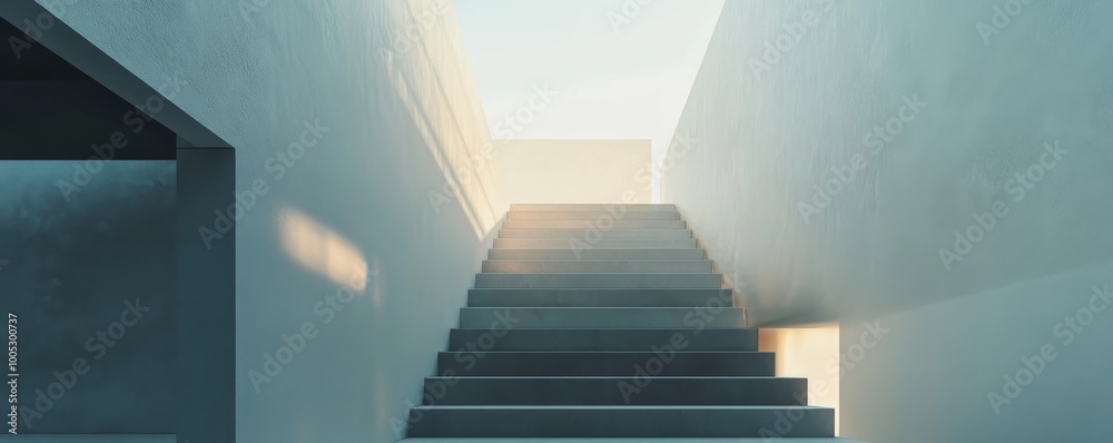 Poster concrete staircase leading to the sky with sunlight, minimalistic architecture. modern design and tr