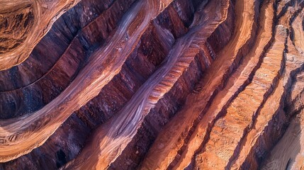 Aerial view of a large open pit mine with layers of excavated earth.