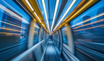 Obraz premium Blurred view of train interior and city lights through the window.