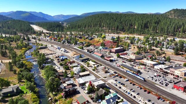 Truckee California - 5K Aerial Flyover of River, Train, and Downtown with Fall Colors