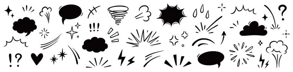 Comic cartoon effect smoke, boom element set. Comic speech bubble, boom burst, explosive smoke, line speed cartoon vector icon. Hand drawn sketch doodle speed element, splash. Vector illustration © Polina Tomtosova