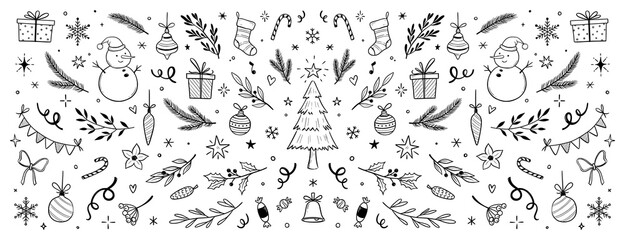 Christmas drawn holly line decor, pine branch, snowflake background. Hand drawn doodle sketch holly floral, christmas tree leaves, winter pine. Holiday ornament sketch doodle. Vector illustration