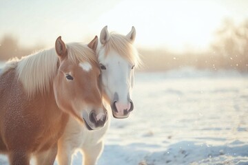 Fototapeta premium Two ponies standing in the snow outside the village barn in winter, capturing the festive mood on a cold day. Winter pasture for horses. Christmas and New Year