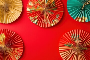 Chinese New Year 2025 year of the rabbit decorations on red background. Red paper fans with golden decorations. with generative ai