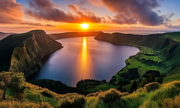Sunset Over Sete Cidades Volcanic Lake