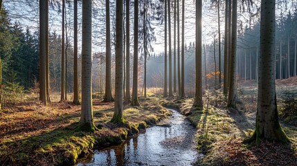 Obraz premium Sunlight streams through a grove of trees, illuminating a small stream in the forest floor.