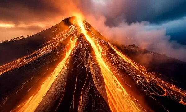 Merapi Volcano Erupting with Lava at Night
