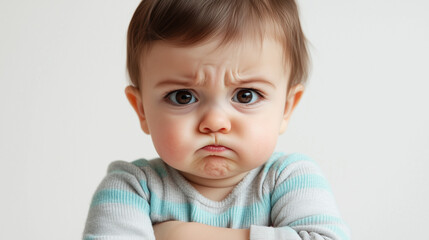 Fototapeta premium An expressive toddler frowning and pouting, with their arms crossed in frustration