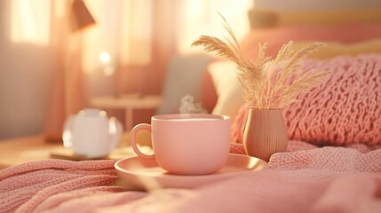 A cozy scene featuring a steaming cup on a soft blanket with decorative plants.