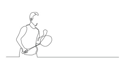 one continuous line drawing of celebratory stylish badminton athlete holding racket and clenching fist.single line vector illustration.isolated white background