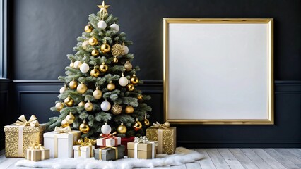 festive Christmas scene featuring beautifully decorated tree adorned with gold and white ornaments, surrounded by wrapped gifts and blank space for personalization