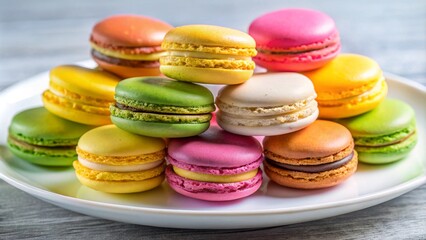 Fototapeta premium Colorful macarons are beautifully arranged on white plate, showcasing delightful assortment of flavors and hues. These sweet treats evoke joy and indulgence, perfect for any occasion