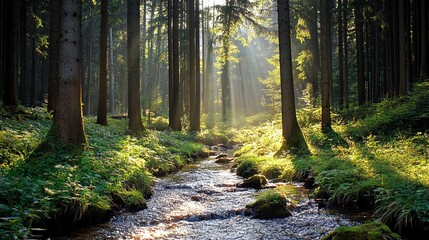 Obraz premium Sunbeams illuminate a tranquil forest stream.