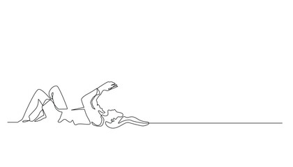 young woman lying on floor and using mobile phone.continuous line.single line vector eps 10