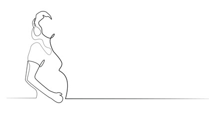 continuous line of pregnant woman and listening to music.one line drawing of pregnant woman enjoying music with headphones.single line vector illustration.