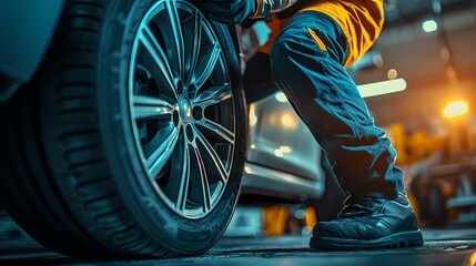 A skilled technician removes a tire from a vehicle, showcasing expertise and precision in an automotive repair setting illuminated by vibrant lights.