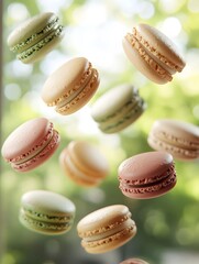 Obraz premium Macarons Floating in the Air with Vibrant Background