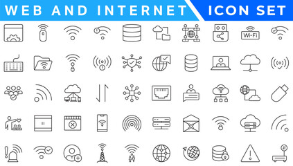 vWireless and Network vector line icon set. Contains linear outline icons like Connection, Signal, Internet, Phone, Radio, Computer, Wifi, Communication, Antenna. Editable use and stroke
