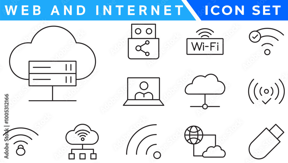 Poster wireless and network vector line icon set. contains linear outline icons like connection, signal, in